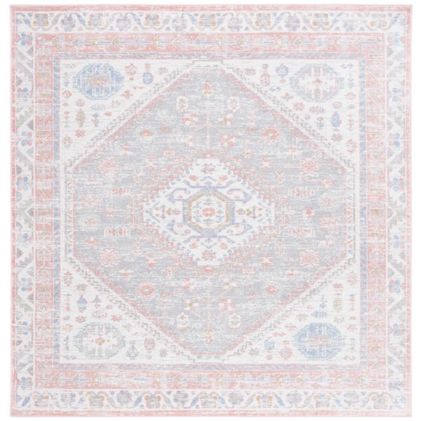 SAFAVIEH Bayside Ivory/Blue Pink 3 ft. x 3 ft. Machine Washable Traditional Medallion Square Area Rug