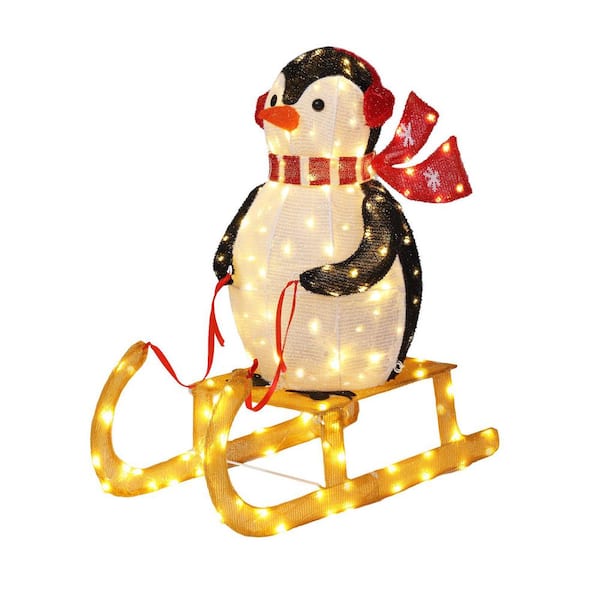 26 in. Pre-Lit Penguin with Sleigh Christmas Decoration