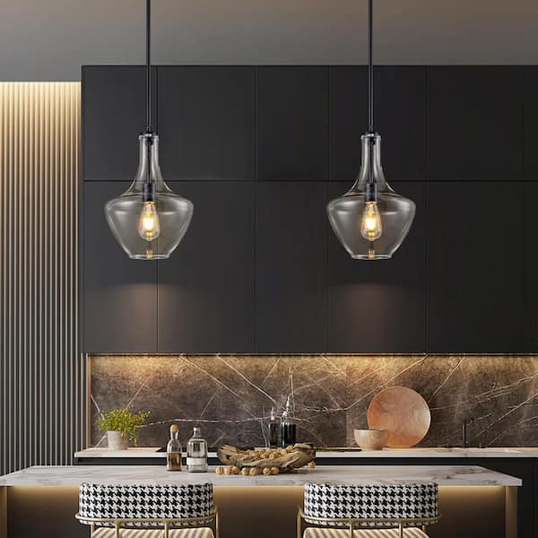 Avelor 10.2 in. 1-Light Transitional Matte Black Pendant Light with Glass Vase Shade