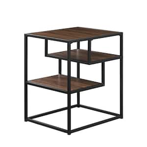 16 in. Dark Walnut/Black Metal Modern Side Table with 2-Shelves