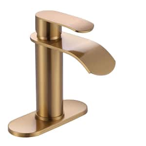 Waterfall Single Handle Single Hole Bathroom Faucet with Deckplate Included Supply Lines in Brushed Gold
