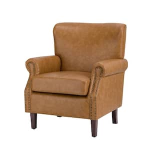 Enzo Traditional Comfy Vegan Leather Solid wood Legs Armchair with Nailhead Trim For Livingroom and Office -Camel