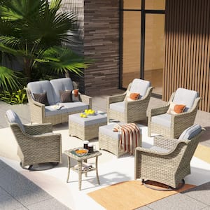 Leila 8-Piece Wicker Patio Conversation Seating Sofa Set with Light Gray Cushions and Swivel Rocking Chairs