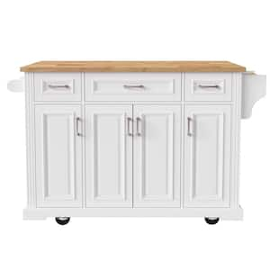 White Wood 54.1 in. Kitchen Island with 4-Doors and 3-Drawers Adjustable Shelf for Kitchen