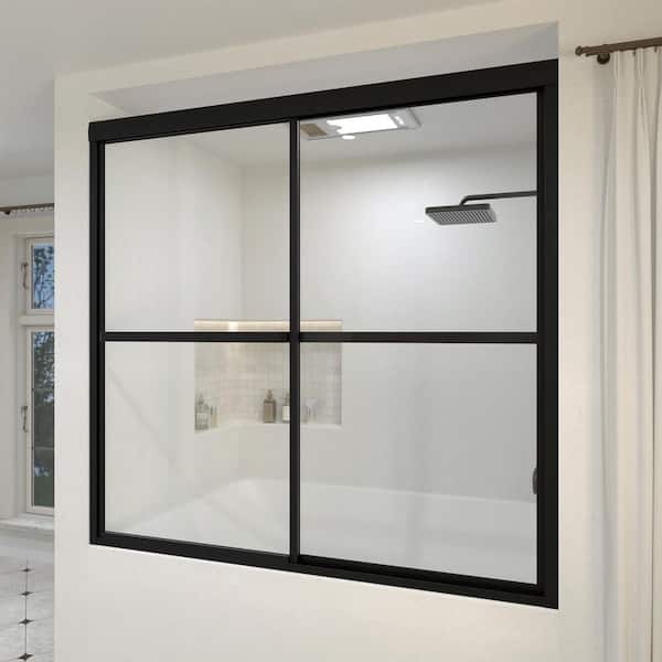 Yooli 59 in. W x 56 in. H Framed Sliding Tub Door in Matte Black with Clear Tempered Glass