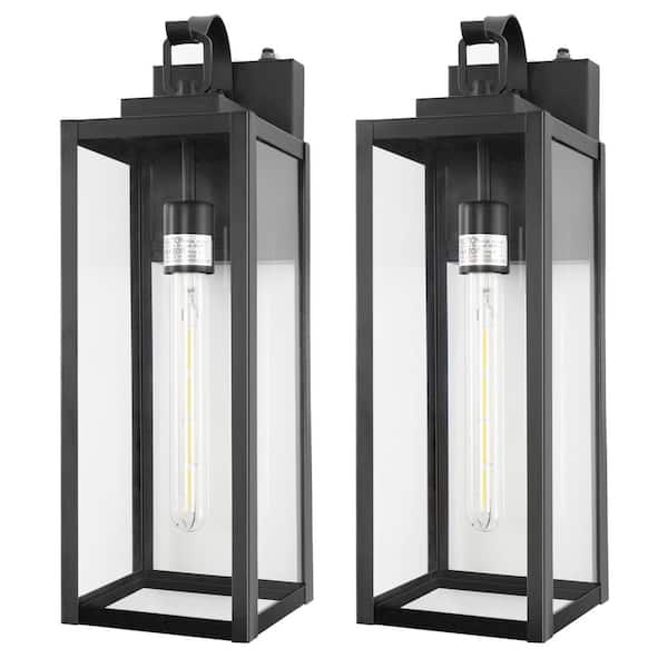 Modern 18 in. 1-Light Black Outdoor Wall Sconce with Glass Shade and Dusk to Dawn Sensor, Includes T30 Bulbs