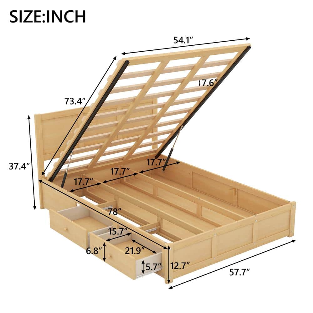 Natural Pine Full Size Platform Bed with Storage and Drawers