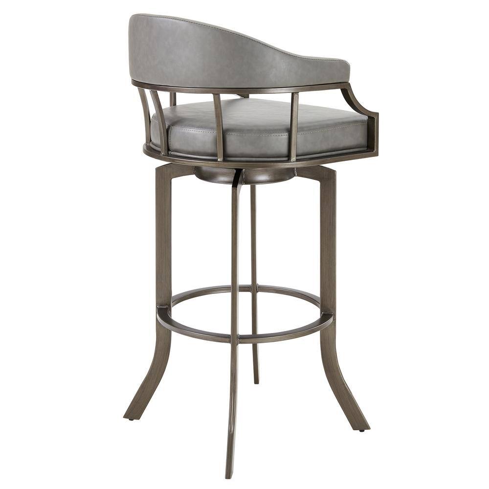 Transitional Gray Leather & Metal Swivel Saddle Stool, 24"W
