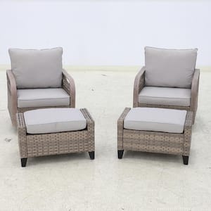 4-Piece Brown Wicker Outdoor Patio Conversation Set Swivel Rocking Chairs with Gray Cushions and Ottomans