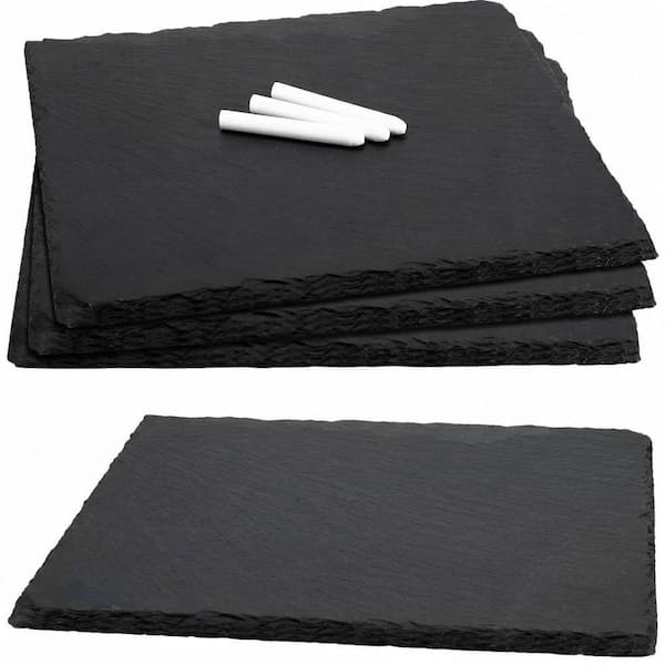 4-Pack Natural Slate Cheese Board 12 x 10 in. Black Stone Charcuterie Tray with 3 Soapstone Chalks Unit