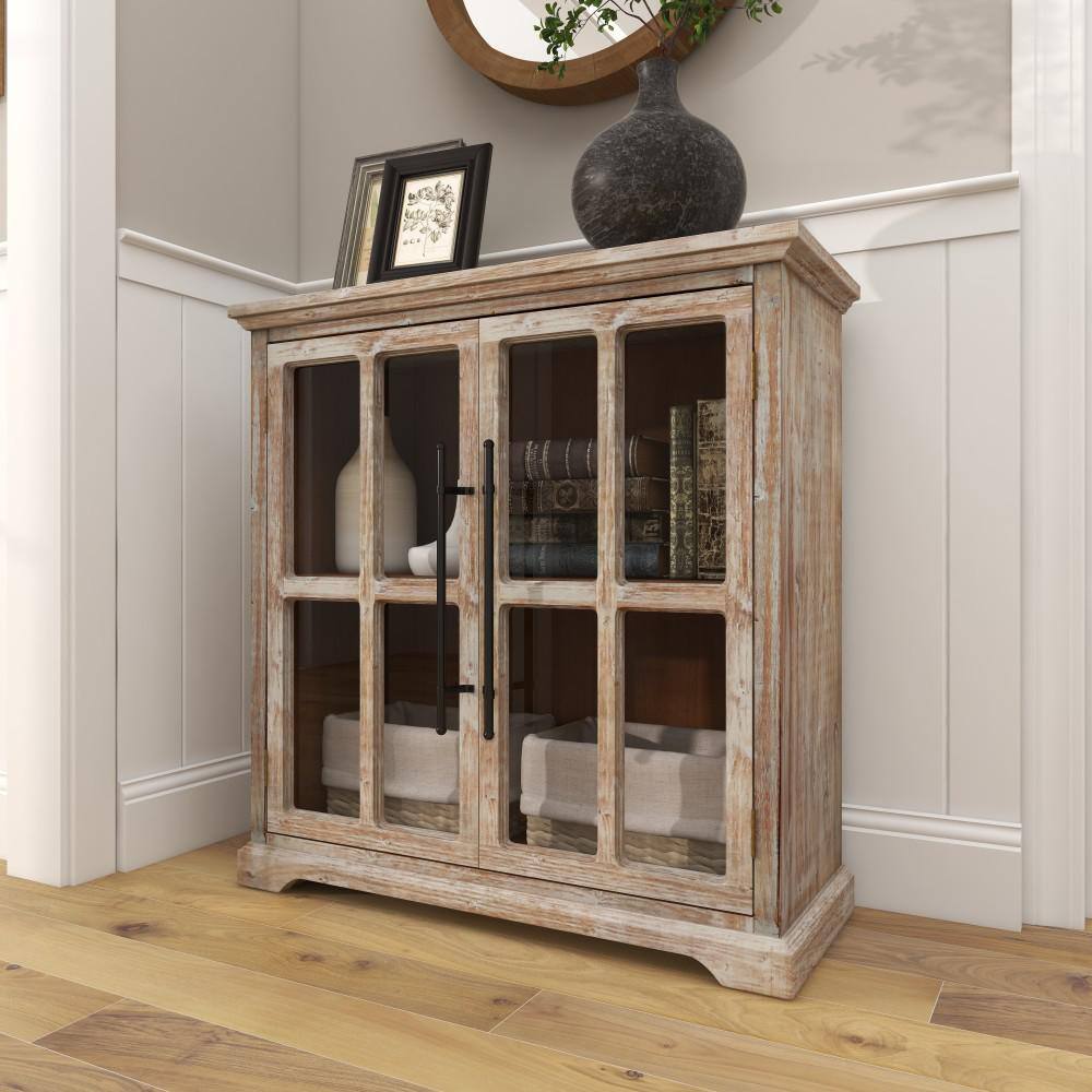 Weathered Brown Wood and Glass Farmhouse Accent Cabinet