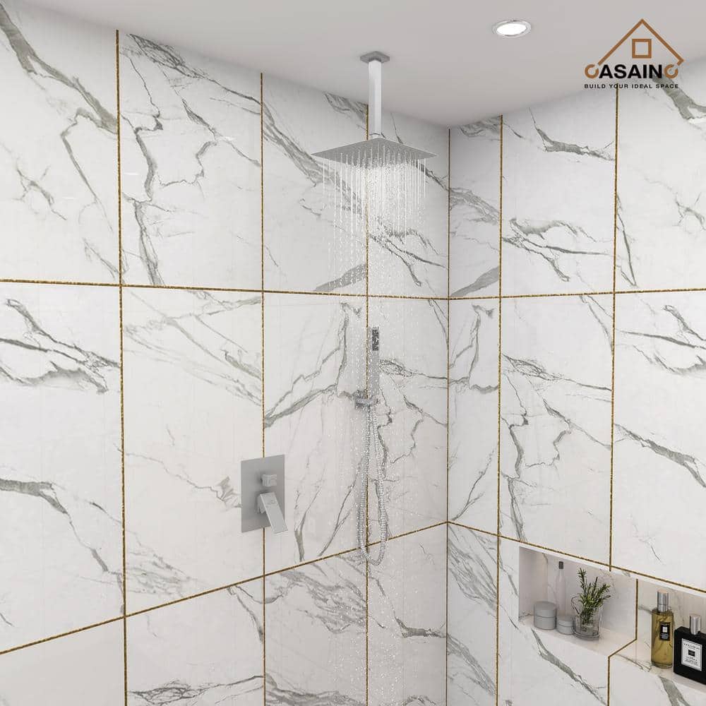 Brushed Nickel Dual Ceiling Mount Rain Shower System with Handheld