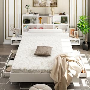 White Wood Frame Queen Size Bed Platform Bed Floating Bed With 4 Drawers, 2 Nightstand, Bookcase Headboard, Sockets, USB