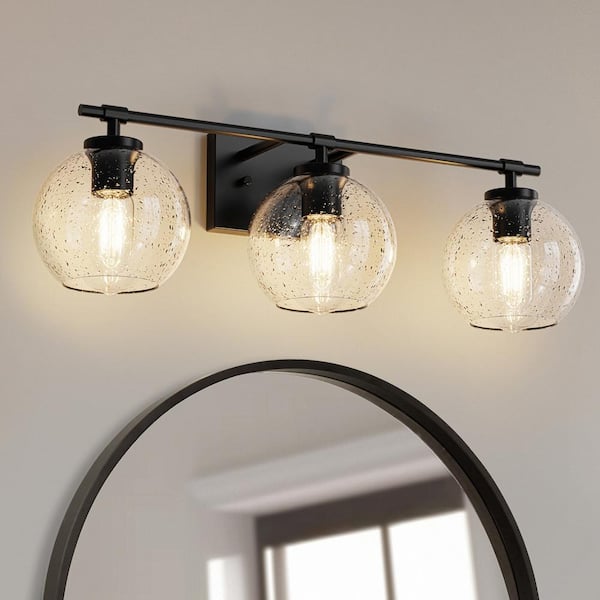 YANSUN 25 in. 3-Light Black Vanity Light with Clear Globe Glass Shades for Bathroom, Mirror, Vanity Area