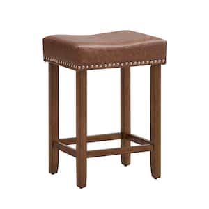 24 in. Brown Backless Wood Bar Stool with PU Seat Set of 2