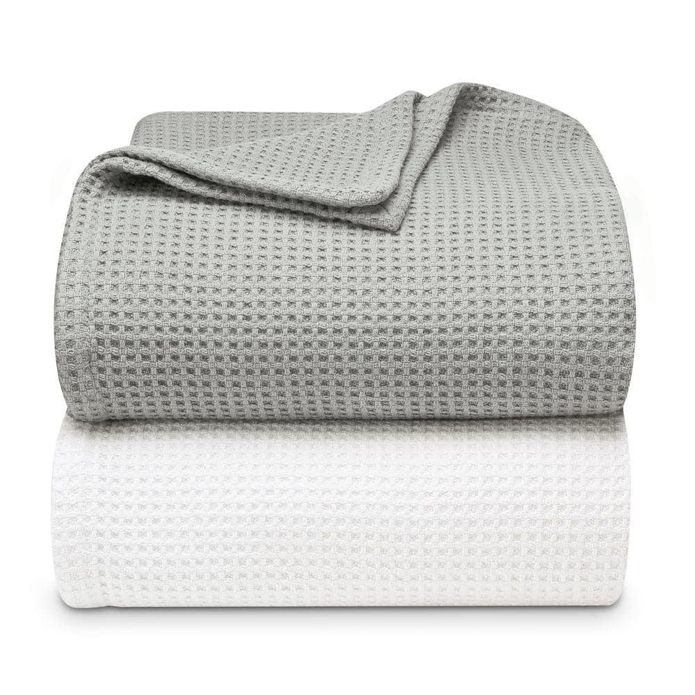 Waffleweave Soft Grey Cotton Twin Blanket with Reversible Knit