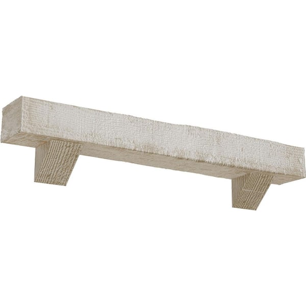 Ekena Millwork 8 in. x 12 in. x 5 ft. Rough Sawn Faux Wood Fireplace Mantel Kit, Breckinridge Corbels, White Washed