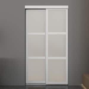 72 in. x 80.5 in. 3-Lite Indoor Studio MDF Wood White Frame with Frosted Glass Interior Sliding Closet Door