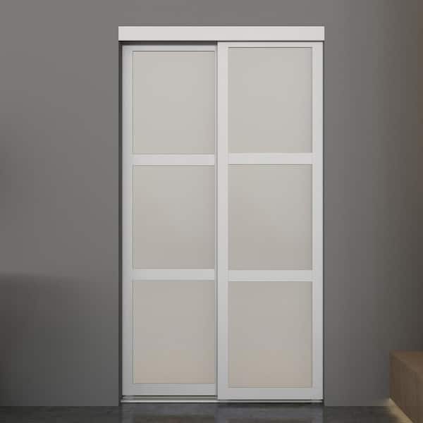 Colonial Elegance 72 in. x 80.5 in. 3-Lite Indoor Studio MDF Wood White Frame with Frosted Glass Interior Sliding Closet Door