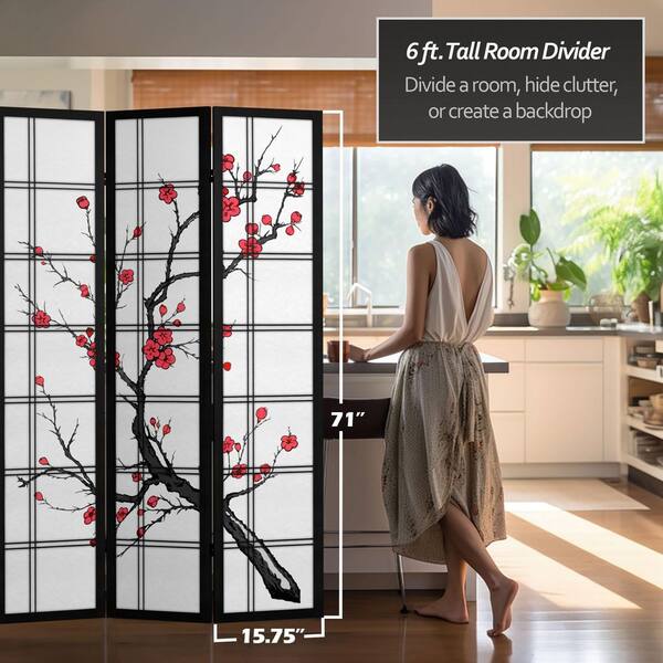 RED LANTERN 6 ft. Black Canvas Cherry Blossom 3-Panel Room Divider