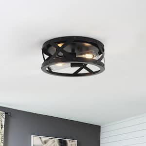 11.8 in. 2-Light Black Industrial Style Flush Mount with Metal Drum Shade No Bulbs Included