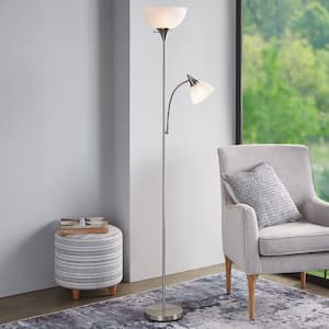 70 in. Brushed Nickel Mother Daughter 2-Light Torchiere Floor Lamp with Plastic Shade