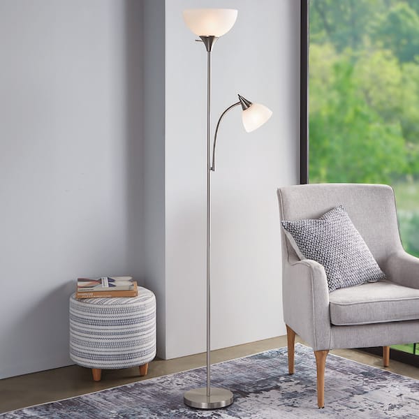70 in. Brushed Nickel Mother Daughter 2-Light Torchiere Floor Lamp with Plastic Shade