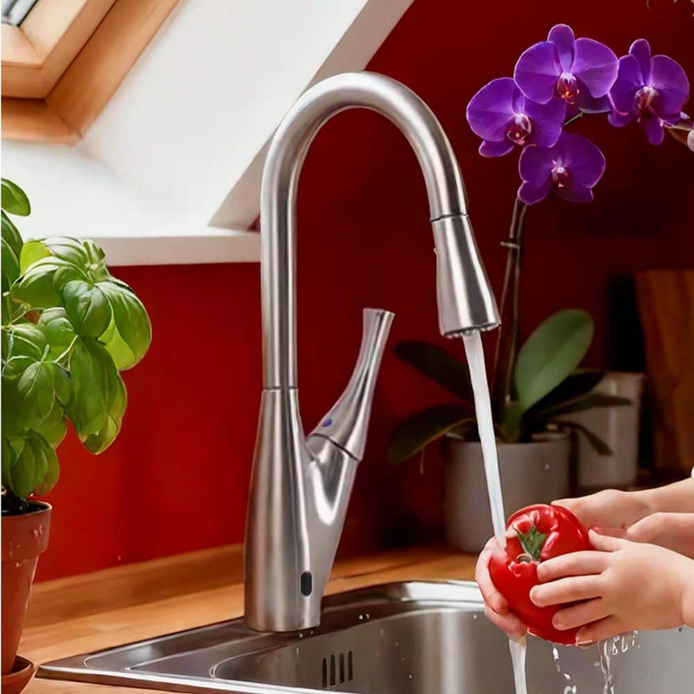 16.5 in. Brushed Nickel Dual Sensor Single-Handle Pull-Down Sprayer Kitchen Faucet with 360 ° Swivel Spout price history on PriceWatchPro
