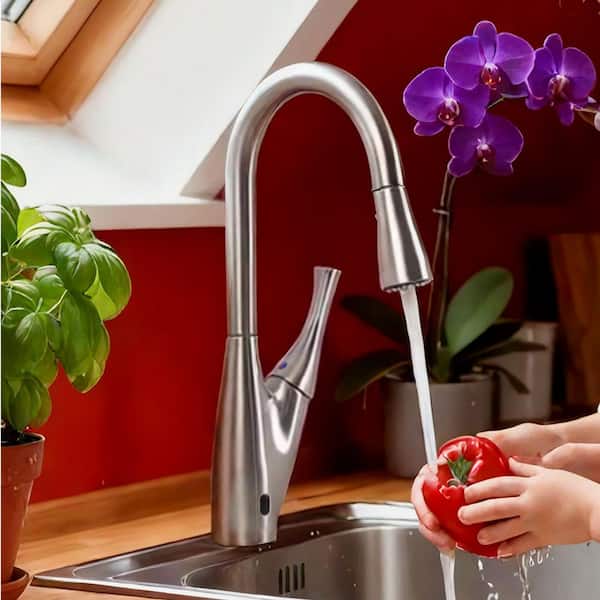 16.5 in. Dual Sensor Single-Handle Pull-Down Sprayer Kitchen Faucet with 360 ° Swivel Spout in Brushed Nickel