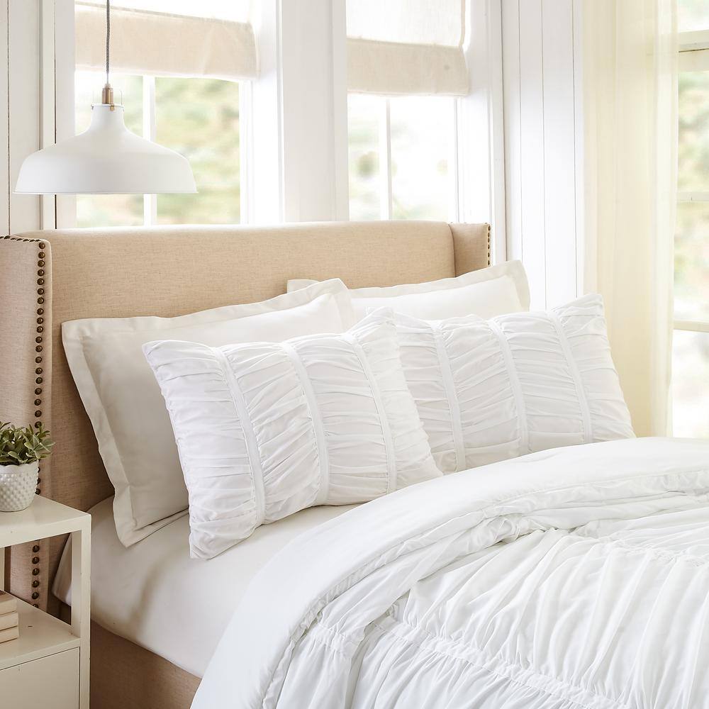 Emily White Ruched Polyester Full Comforter Set
