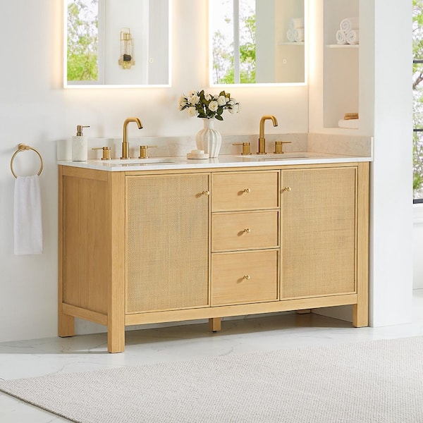 Cedar 60 in. Double Freestanding Natural Wood Bath Vanity with Grain White Engineered Stone Top Assembled