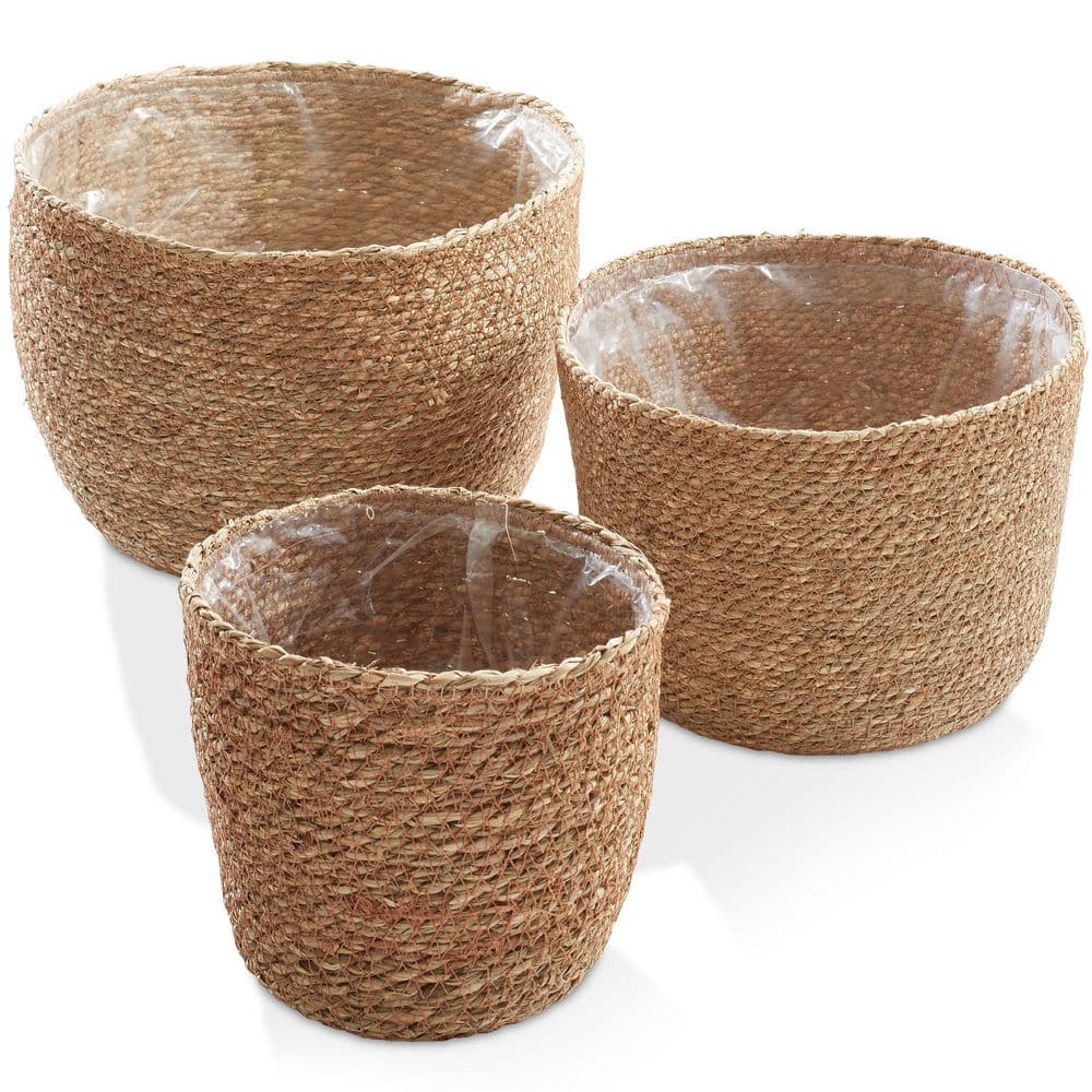 Natural Handwoven Seagrass Round Planter Baskets with Liners