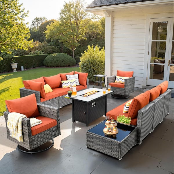 HOOOWOOO Messi Gray 11-Piece Wicker Outdoor Patio Conversation Sofa Fire Pit Set with Swivel Chairs and Orange Red Cushions