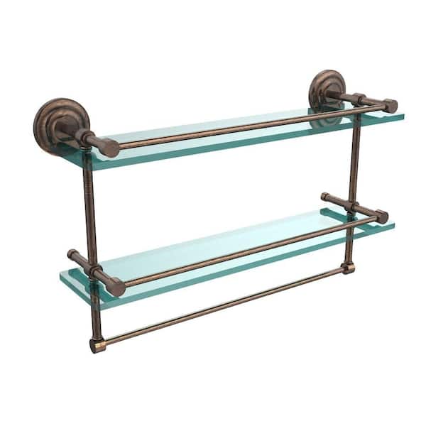 Allied Brass 22 in. L x 12 in. H x 5 in. W 2-Tier Gallery Clear Glass Bathroom Shelf with Towel Bar in Venetian Bronze