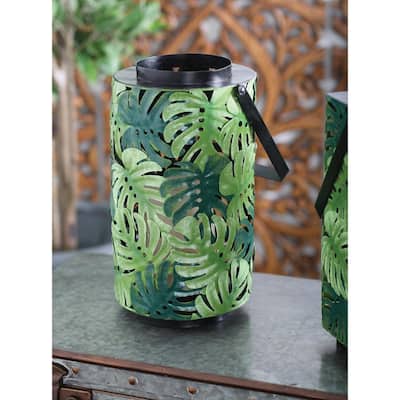 Green Pierced Leaf Design Cylindrical Candle Lantern