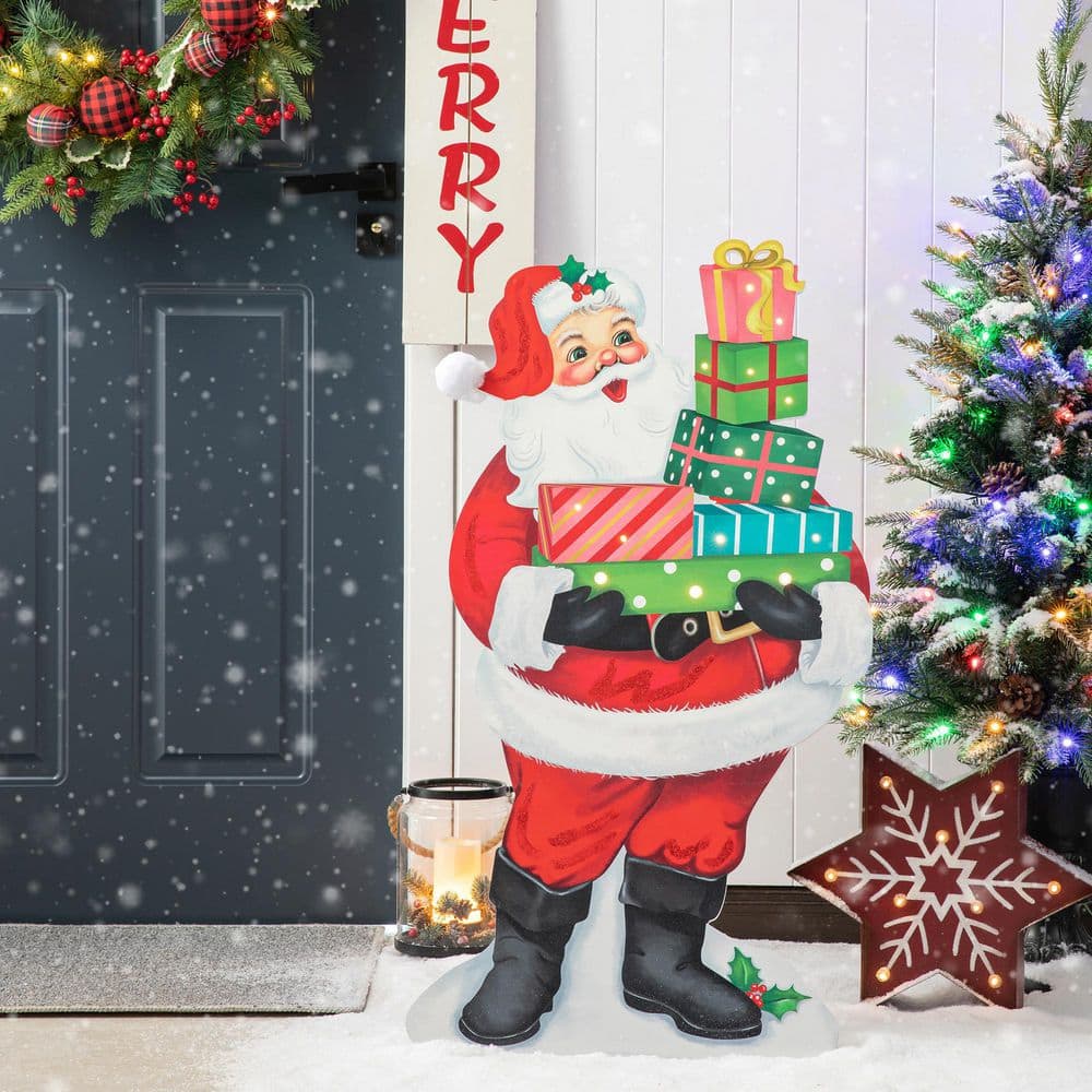 36" Lighted Wooden Santa with Gifts Wall Decor