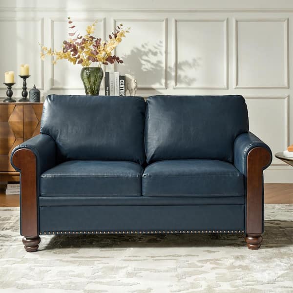 Carina 59 in. Round Arm Leather Rectangle Loveseat Sofa with Nailhead Trim in Navy
