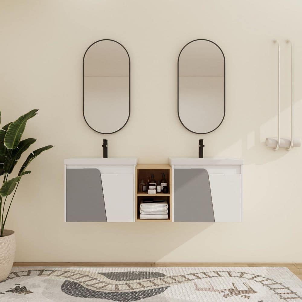 59.6 in. W x 18.5 in. D x 20.7 in. H Wall-Mounted Bath Vanity in WhiteGray 