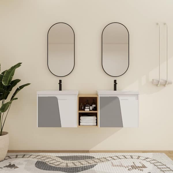 ARTCHIRLY 59.6 in. W x 18.5 in. D x 20.7 in. H Wall-Mounted Bath Vanity in WhiteGray with White Ceramic Vanity Top