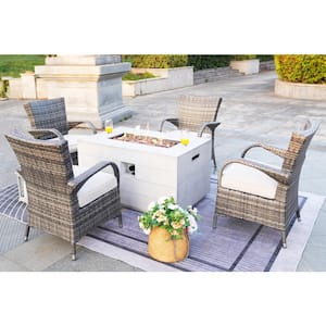 Tilia 5-Pieces Rock and Fiberglass Fire Pit Table with 4 Wicker Chairs with Gray Cushions