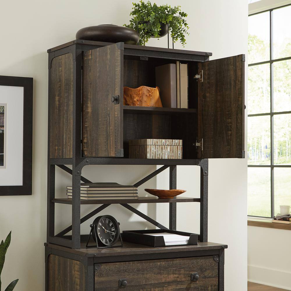 Carbon Oak Industrial China Cabinet with Metal Frame