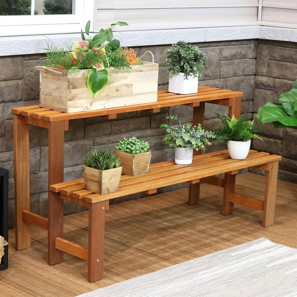 Brown Meranti Wood 2-Tier Outdoor Plant Stand with Teak Oil Finish