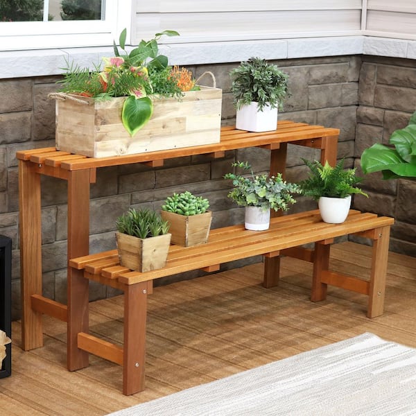 Sunnydaze Decor Meranti Wood Plant Stand With Teak Oil Finish Frn 504 The Home Depot Sunnydaze Decor Meranti Wood Plant, Outdoor Plant Table