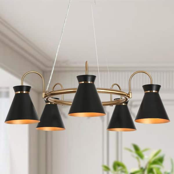 Noah Modern Industrial 5-Light Wagon Wheel Electroplated Brass Chandelier with Black Cone Shade for Dining Room