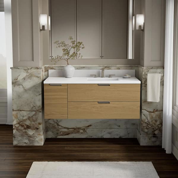 Maxstow 48 in. Single SinkLight Oak Bath Vanity with White Quartz Top
