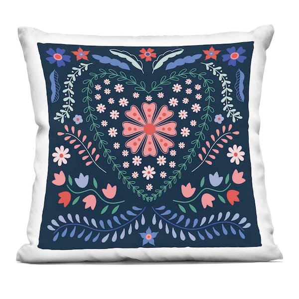 Folk Flowers in Heart Pattern Blue Abstract Polyester 18 in. X 18 in. Throw Pillow