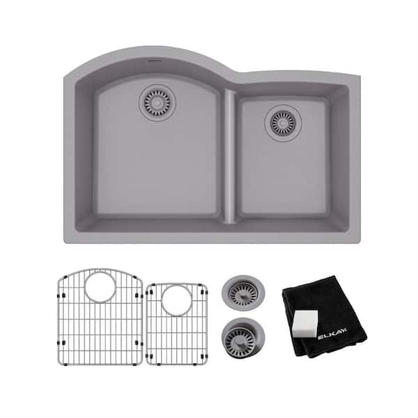 Elkay Quartz Classic Greystone Quartz 33 in. 60/40 Double Bowl Undermount Kitchen Sink with Bottom Grid and Drain