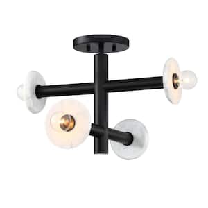 Fina 16 in. 4-Light Matte Black Modern Semi Flush Mount with Natural Marble Accents for Bedrooms