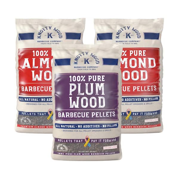 KNOTTY WOOD BARBECUE COMPANY 20 lbs. 100% Pure Almond Wood BBQ Smoker Pellets (2-Pack) and 20 lbs. 100% Pure Plum Wood BBQ Smoker Pellets