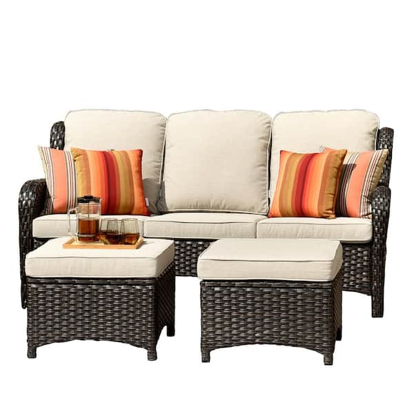Alps Wicker Outdoor Couch Patio Sofa with Beige Cushions and Ottoman